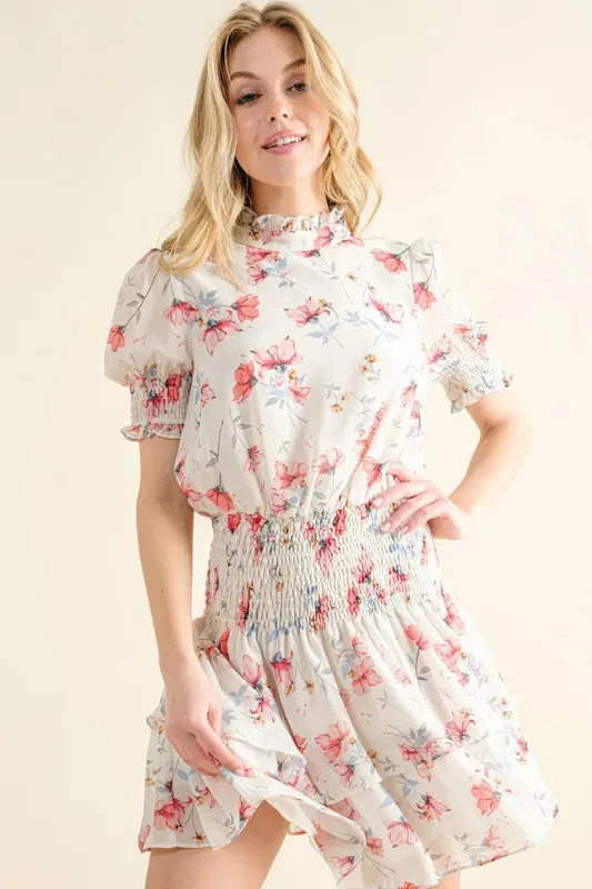 And The Why Floral Print Smocked Waist Mini Dress
