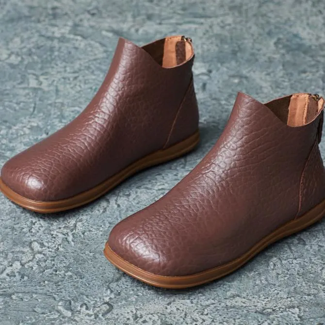 Babakud Women Autumn Vintage Ethnic Style Square-Toe Leather Ankle Boots with Zipper