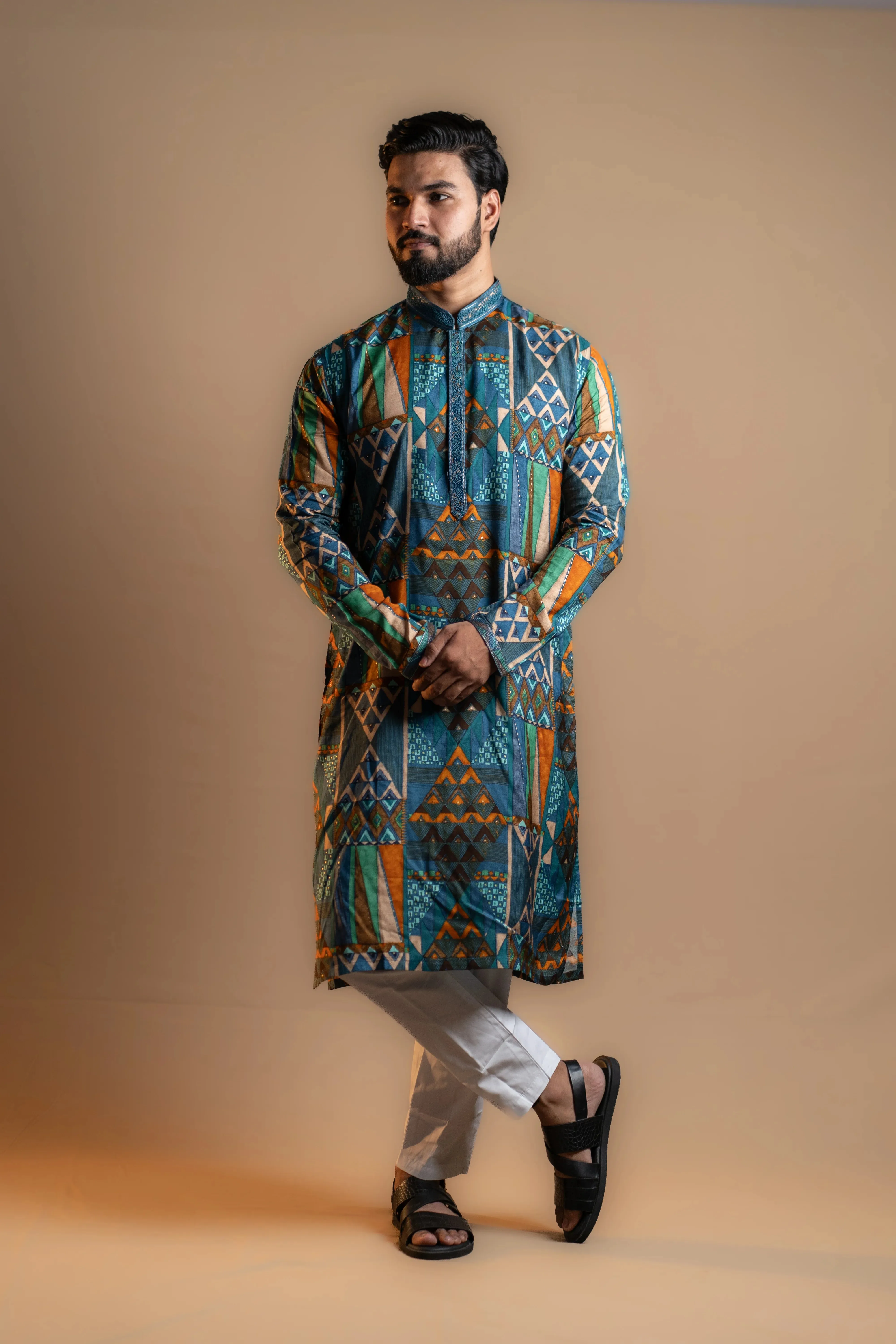 Blue Multi-patterned Printed Kurta Set for Men