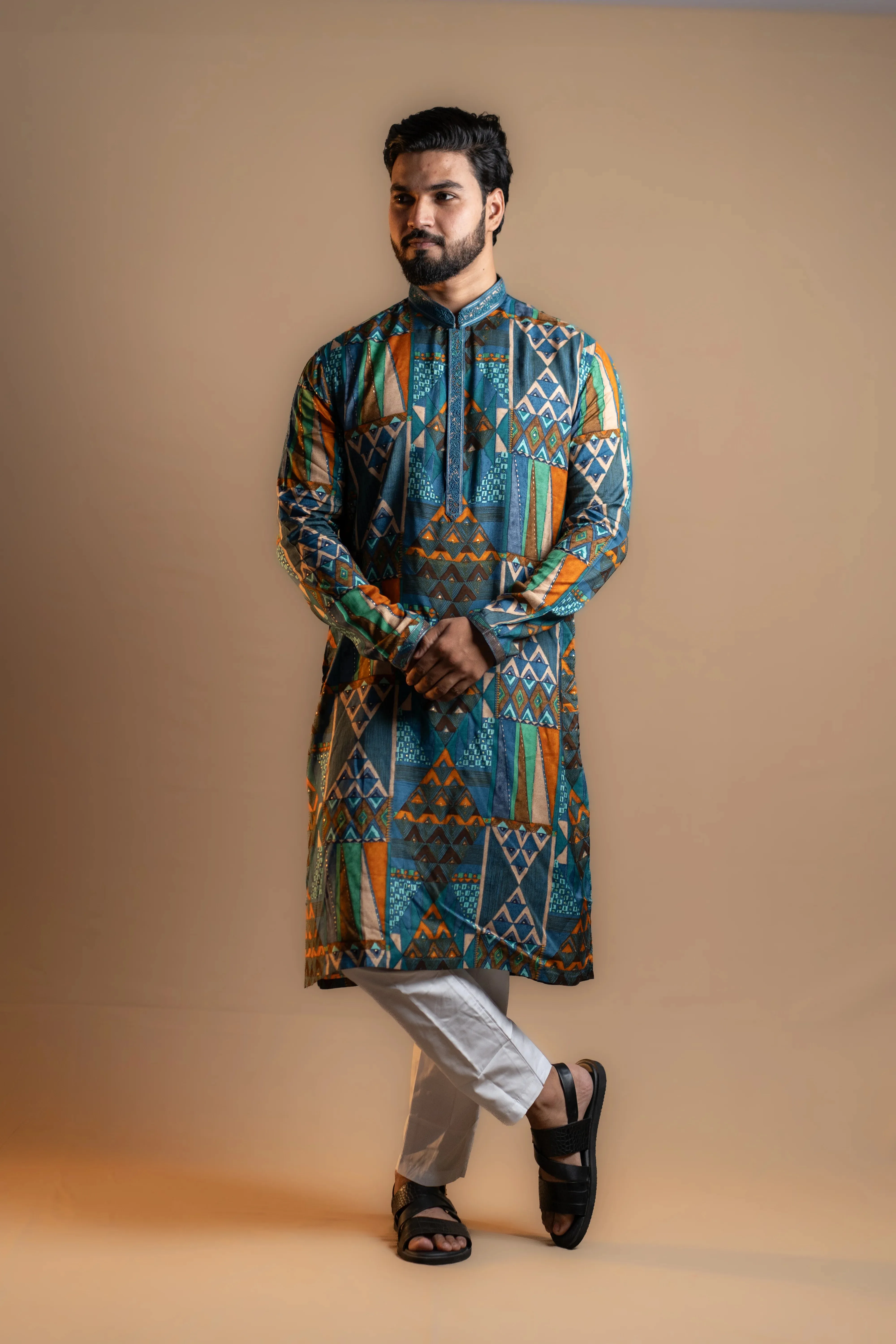 Blue Multi-patterned Printed Kurta Set for Men
