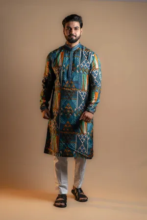 Blue Multi-patterned Printed Kurta Set for Men