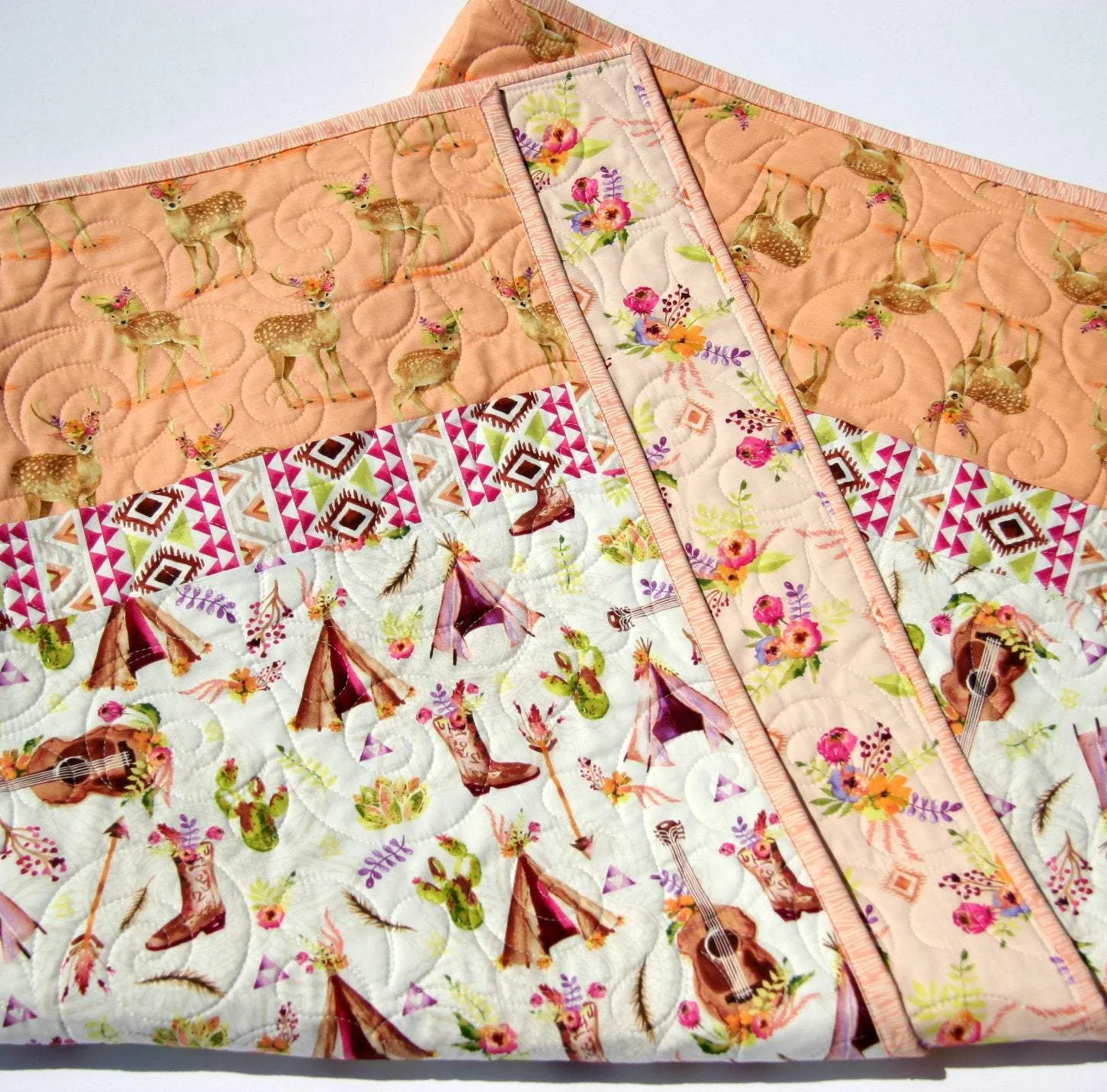 Boho Quilt Kit, DIY Project, Easy Beginner, Striped Pattern, Modern Quilt Kit Girl Deer Fawn Teepee Aztec Coral Nursery Bedding Blanket