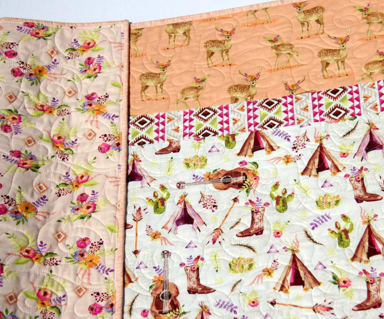 Boho Quilt Kit, DIY Project, Easy Beginner, Striped Pattern, Modern Quilt Kit Girl Deer Fawn Teepee Aztec Coral Nursery Bedding Blanket
