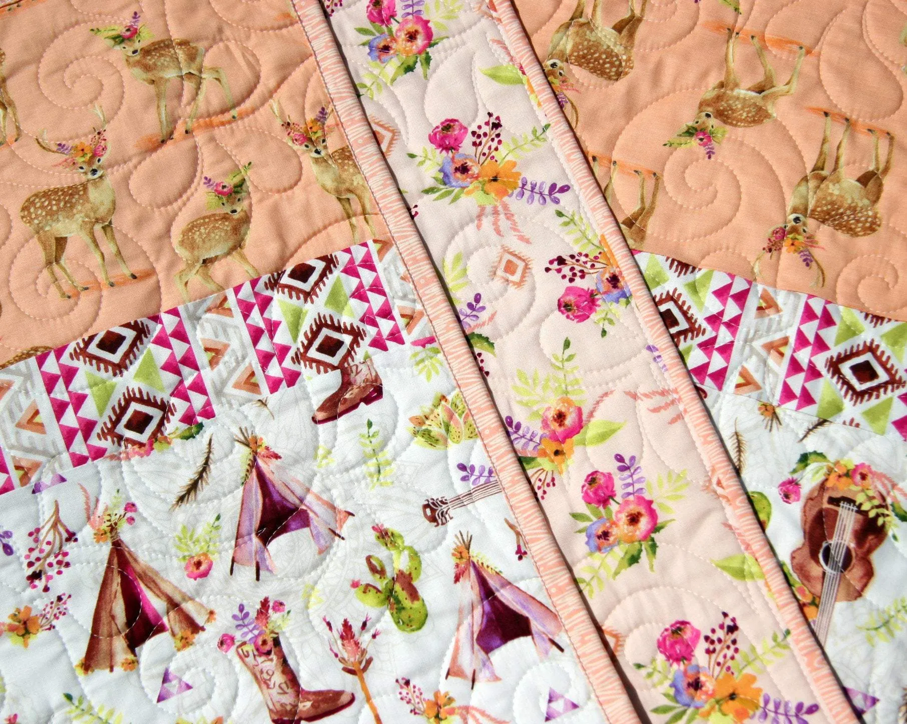 Boho Quilt Kit, DIY Project, Easy Beginner, Striped Pattern, Modern Quilt Kit Girl Deer Fawn Teepee Aztec Coral Nursery Bedding Blanket