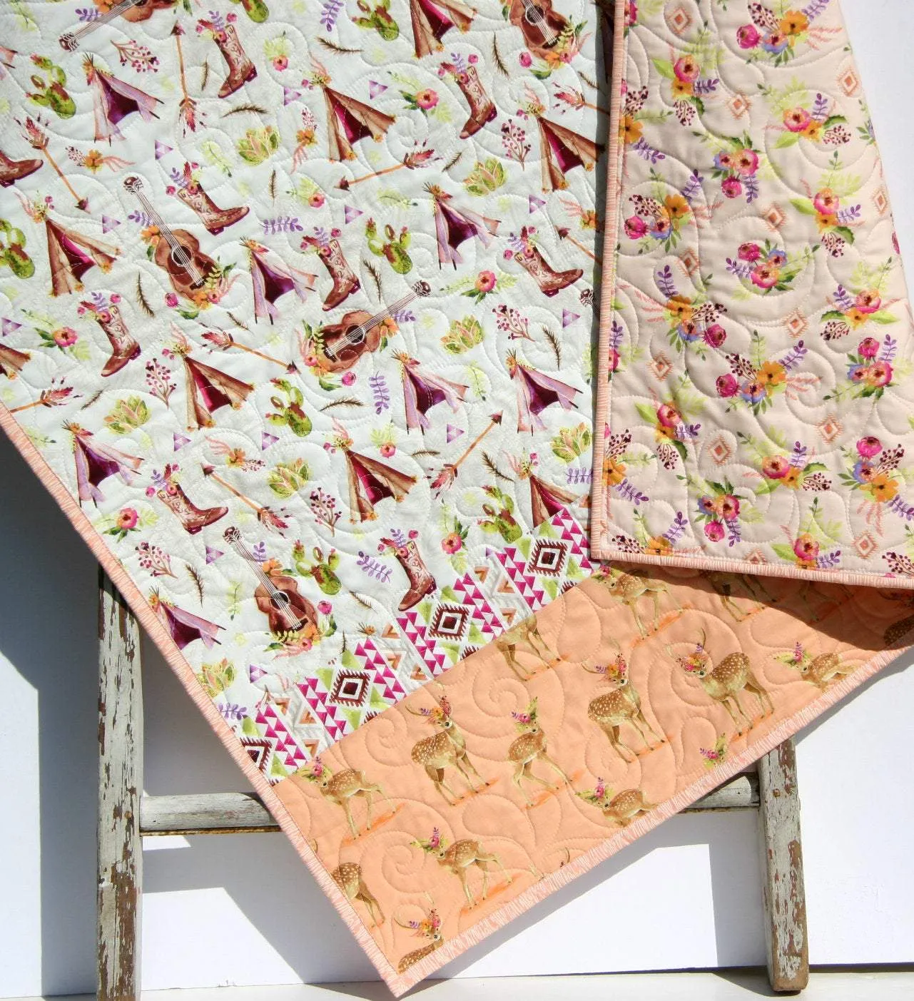Boho Quilt Kit, DIY Project, Easy Beginner, Striped Pattern, Modern Quilt Kit Girl Deer Fawn Teepee Aztec Coral Nursery Bedding Blanket