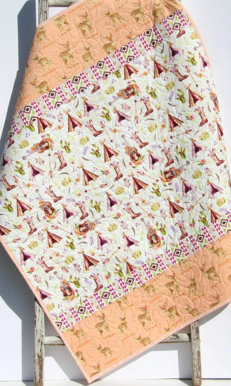 Boho Quilt Kit, DIY Project, Easy Beginner, Striped Pattern, Modern Quilt Kit Girl Deer Fawn Teepee Aztec Coral Nursery Bedding Blanket