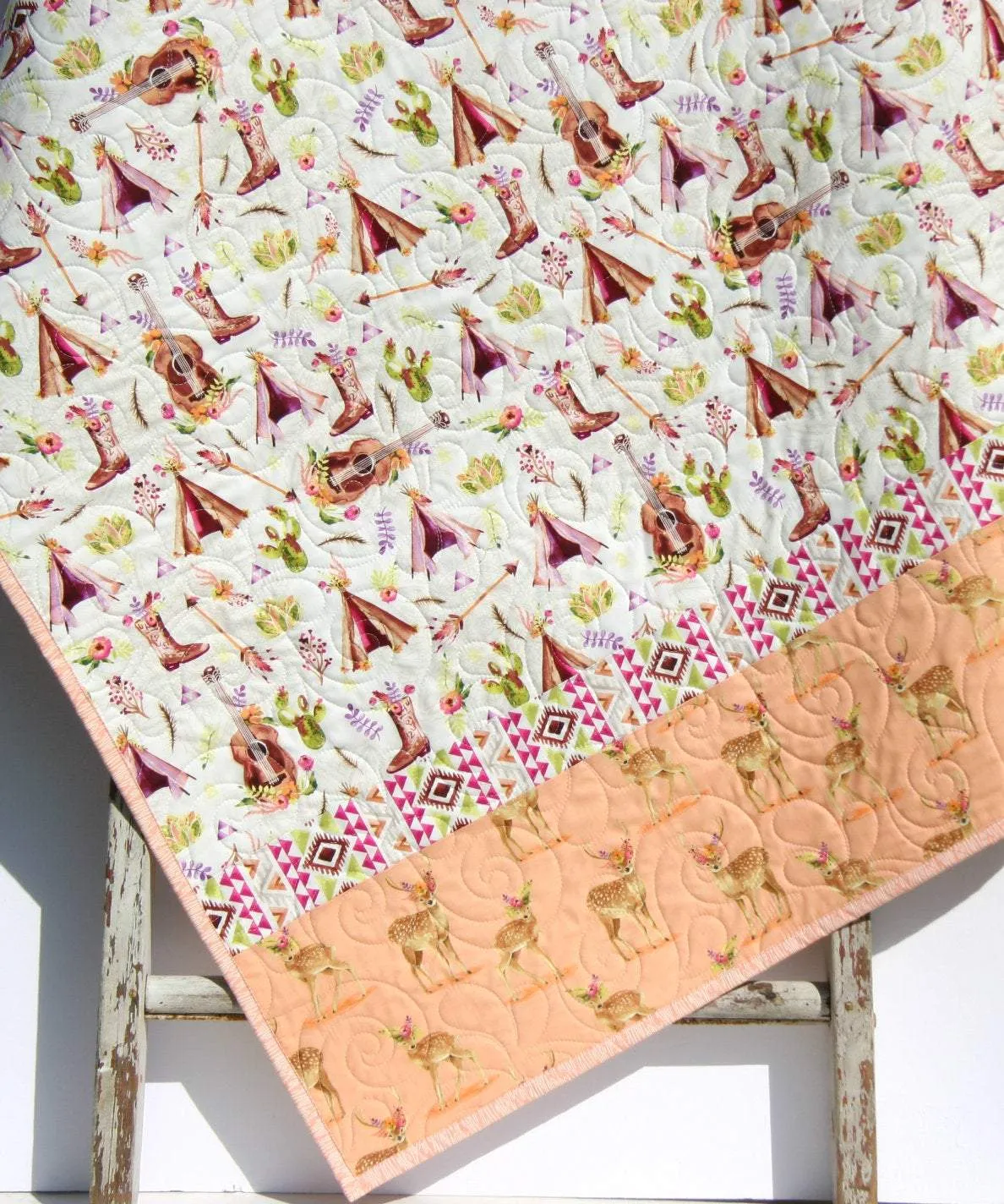 Boho Quilt Kit, DIY Project, Easy Beginner, Striped Pattern, Modern Quilt Kit Girl Deer Fawn Teepee Aztec Coral Nursery Bedding Blanket