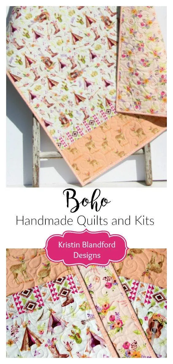 Boho Quilt Kit, DIY Project, Easy Beginner, Striped Pattern, Modern Quilt Kit Girl Deer Fawn Teepee Aztec Coral Nursery Bedding Blanket
