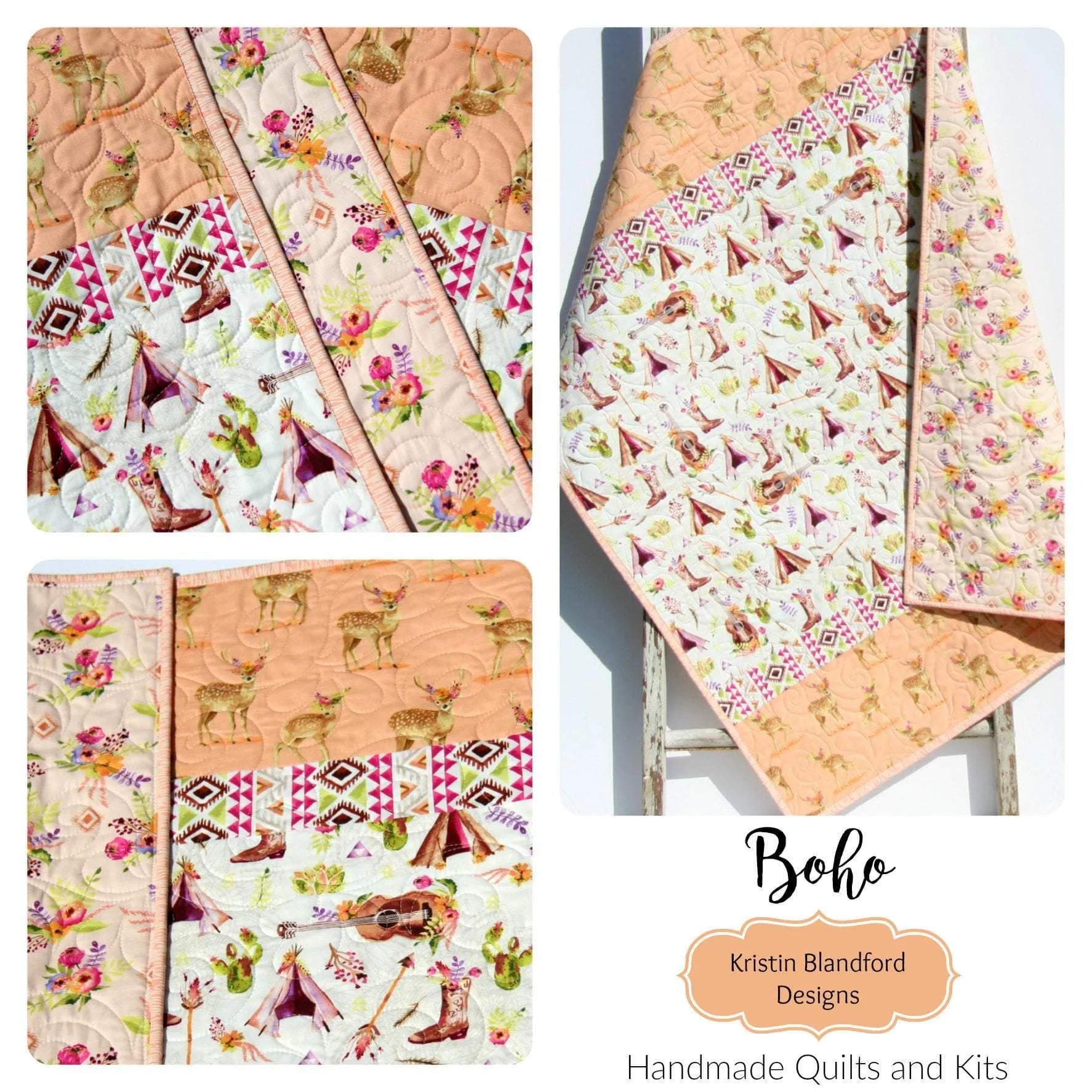 Boho Quilt Kit, DIY Project, Easy Beginner, Striped Pattern, Modern Quilt Kit Girl Deer Fawn Teepee Aztec Coral Nursery Bedding Blanket