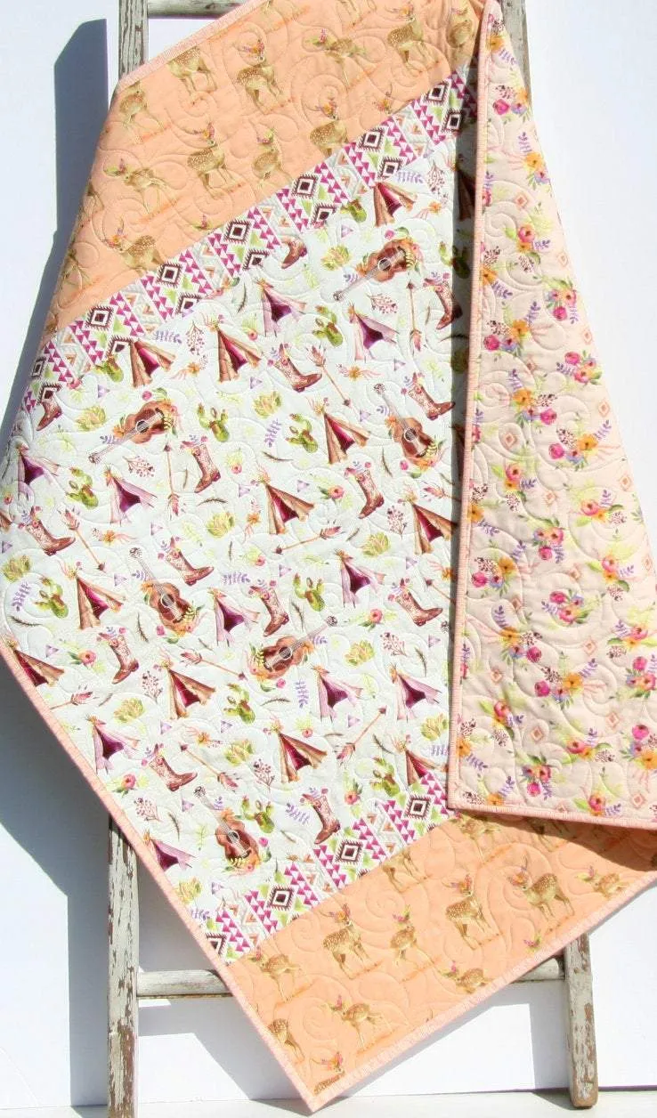Boho Quilt Kit, DIY Project, Easy Beginner, Striped Pattern, Modern Quilt Kit Girl Deer Fawn Teepee Aztec Coral Nursery Bedding Blanket