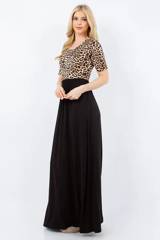 Celeste Full Size Leopard Round Neck Maxi Dress with Pockets Plus Size