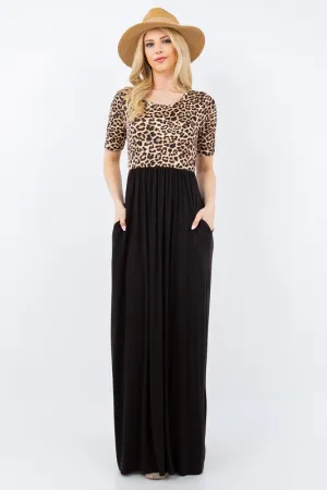 Celeste Full Size Leopard Round Neck Maxi Dress with Pockets Plus Size
