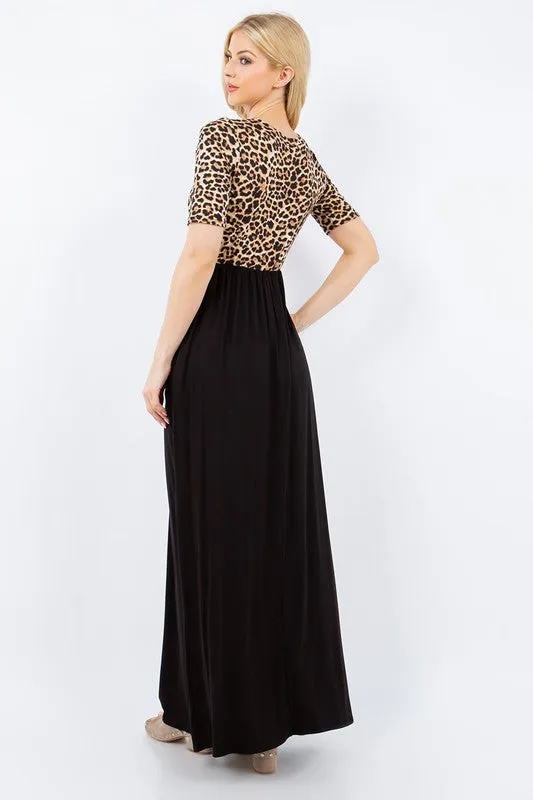 Celeste Full Size Leopard Round Neck Maxi Dress with Pockets Plus Size