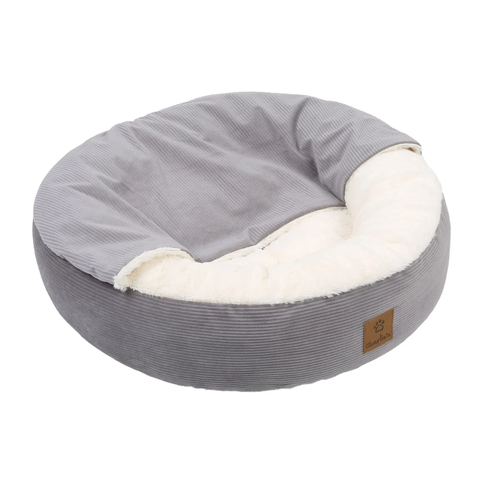 Charlie's Snookie Hooded Corduroy Calming Dog Bed Dove Grey Small