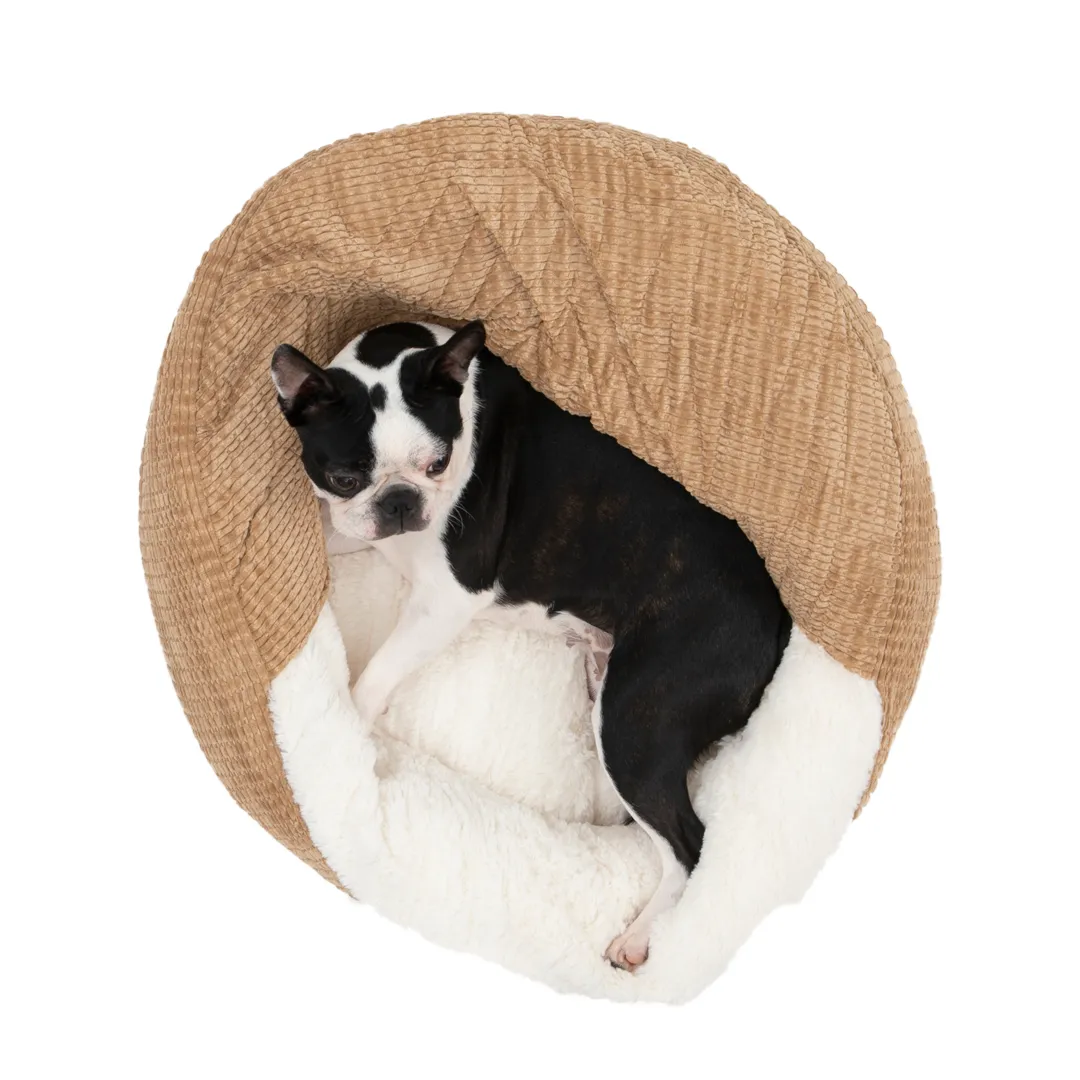 Charlie's Snookie Hooded Corduroy Calming Dog Bed Terracotta Small