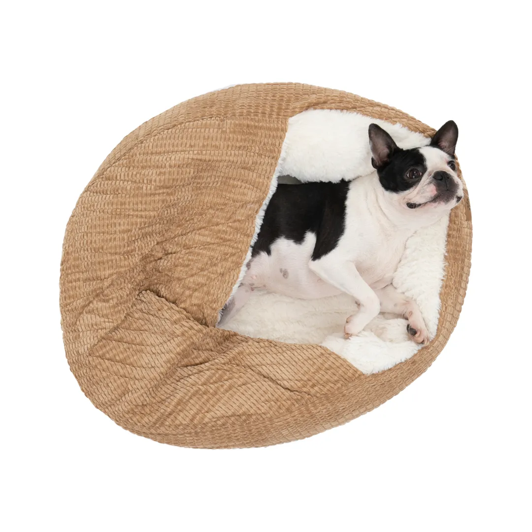 Charlie's Snookie Hooded Corduroy Calming Dog Bed Terracotta Small