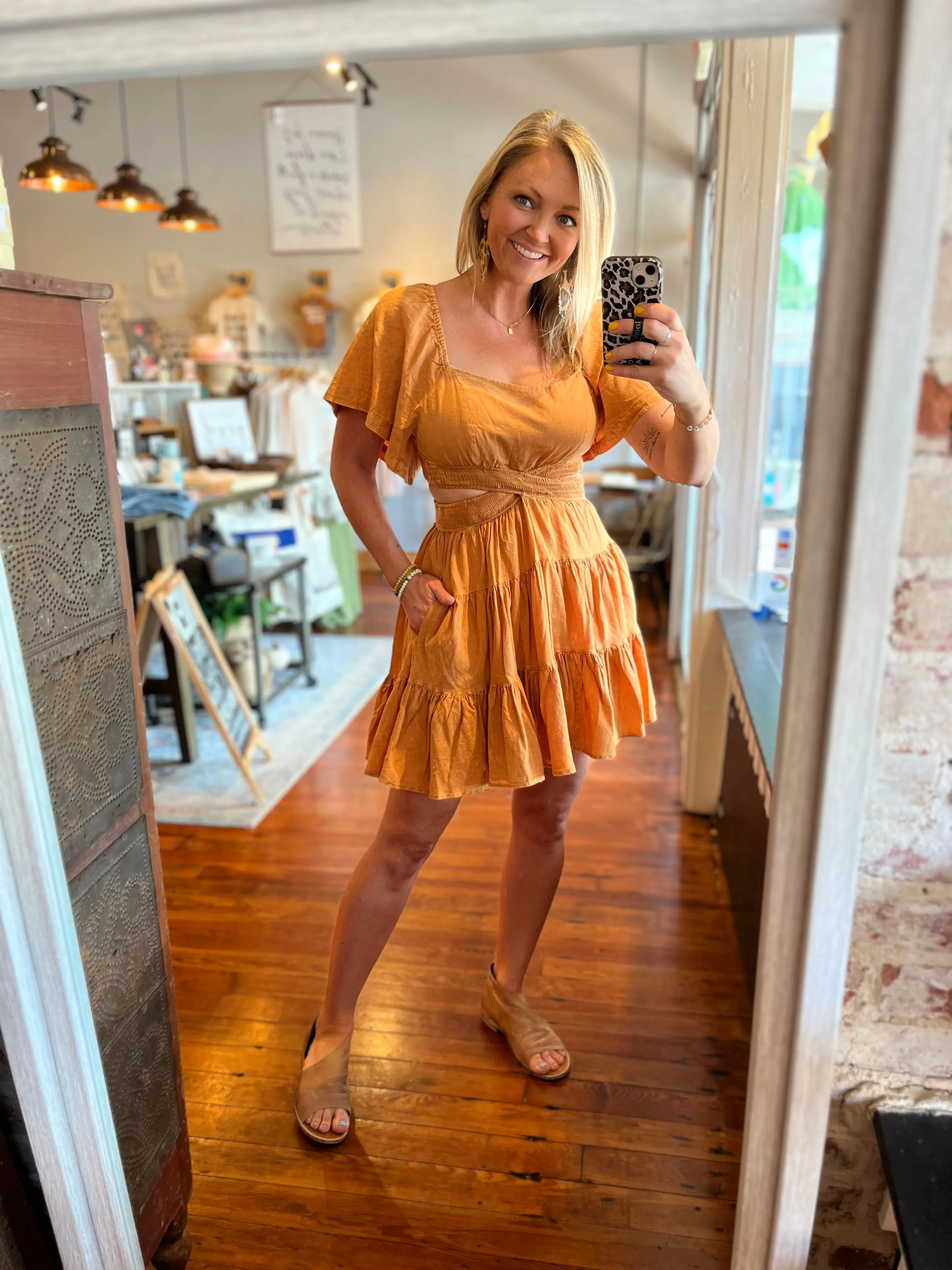 Cross Cut Mini Dress- Amber Orange