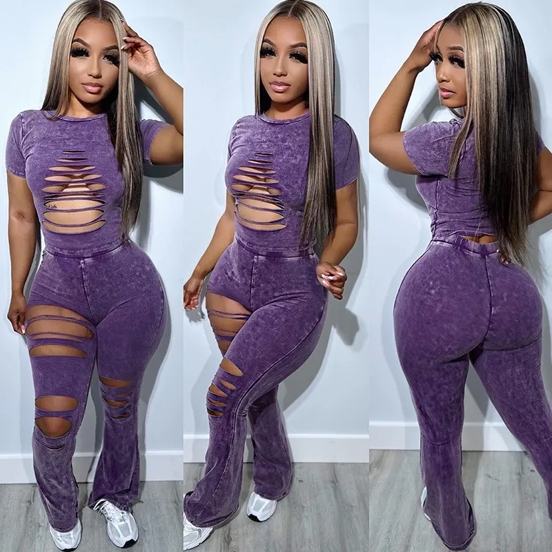 Cut Out Sleeve Top & Long Pants Set - Polyester/Spandex