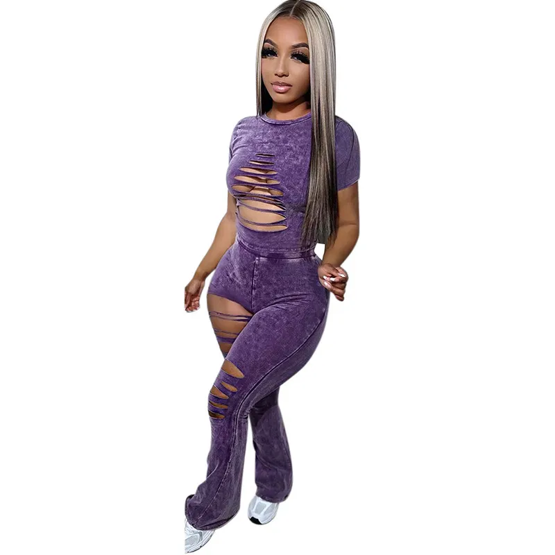 Cut Out Sleeve Top & Long Pants Set - Polyester/Spandex