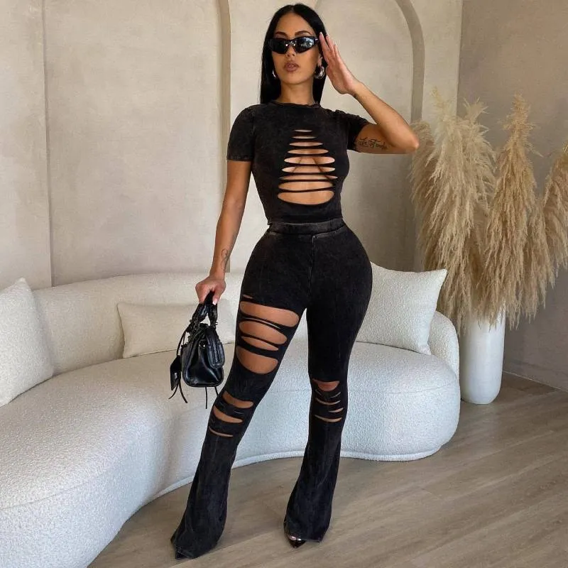 Cut Out Sleeve Top & Long Pants Set - Polyester/Spandex