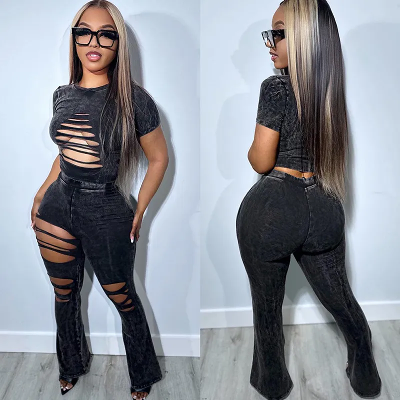 Cut Out Sleeve Top & Long Pants Set - Polyester/Spandex