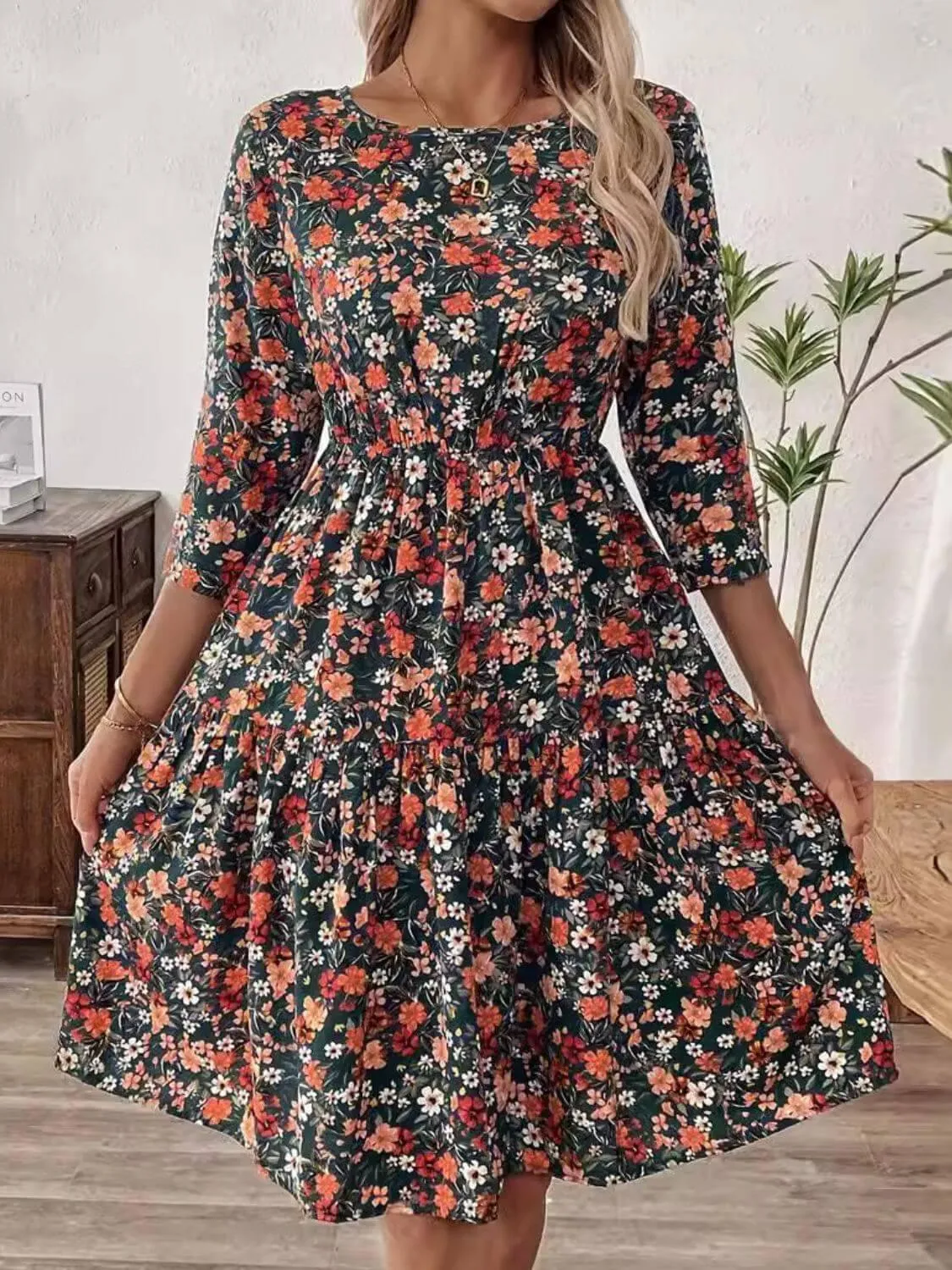 Frill Floral Round Neck Dress – Soft, Feminine & Effortlessly Stylish