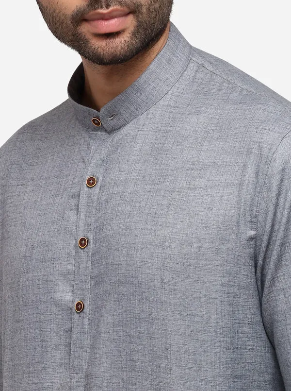 Grey Self Textured Regular Fit Modi Kurta | JadeBlue