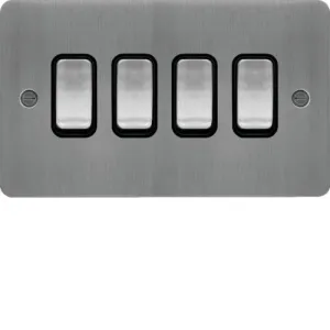 Hager WFPS42BSB Sollysta Flat Plate 10AX 4 Gang 2 Way Wall Switch - Brushed Steel   Black Insert