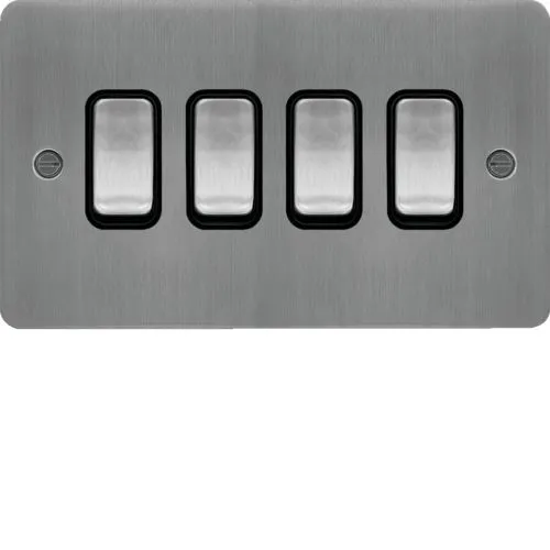 Hager WFPS42BSB Sollysta Flat Plate 10AX 4 Gang 2 Way Wall Switch - Brushed Steel   Black Insert
