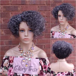 Kinky Curly Gray Wig Curly Full Wig With Bangs Ombre Silver Gray Wig  Afro Wig African American Wig Lace Part Glory Tress // STERLING QUEEN2