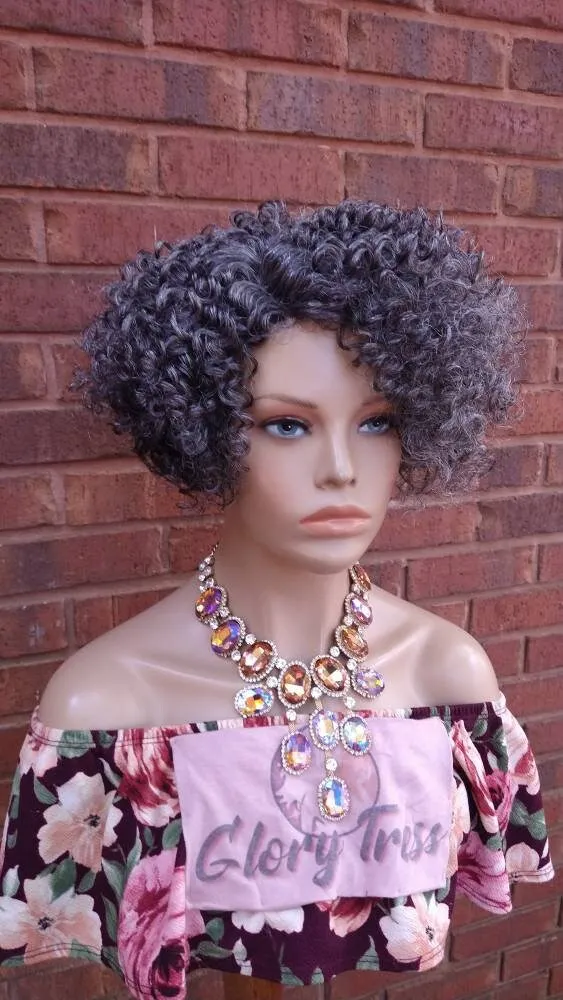 Kinky Curly Gray Wig Curly Full Wig With Bangs Ombre Silver Gray Wig  Afro Wig African American Wig Lace Part Glory Tress // STERLING QUEEN2