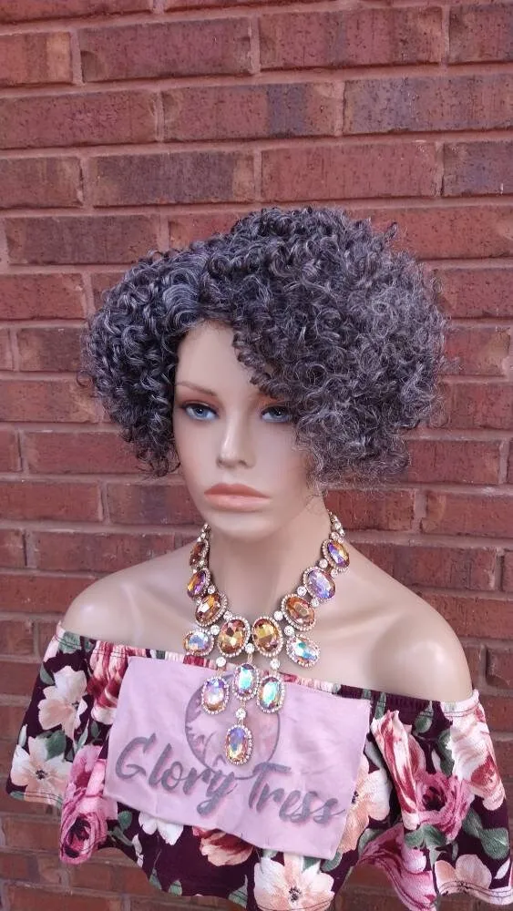 Kinky Curly Gray Wig Curly Full Wig With Bangs Ombre Silver Gray Wig  Afro Wig African American Wig Lace Part Glory Tress // STERLING QUEEN2