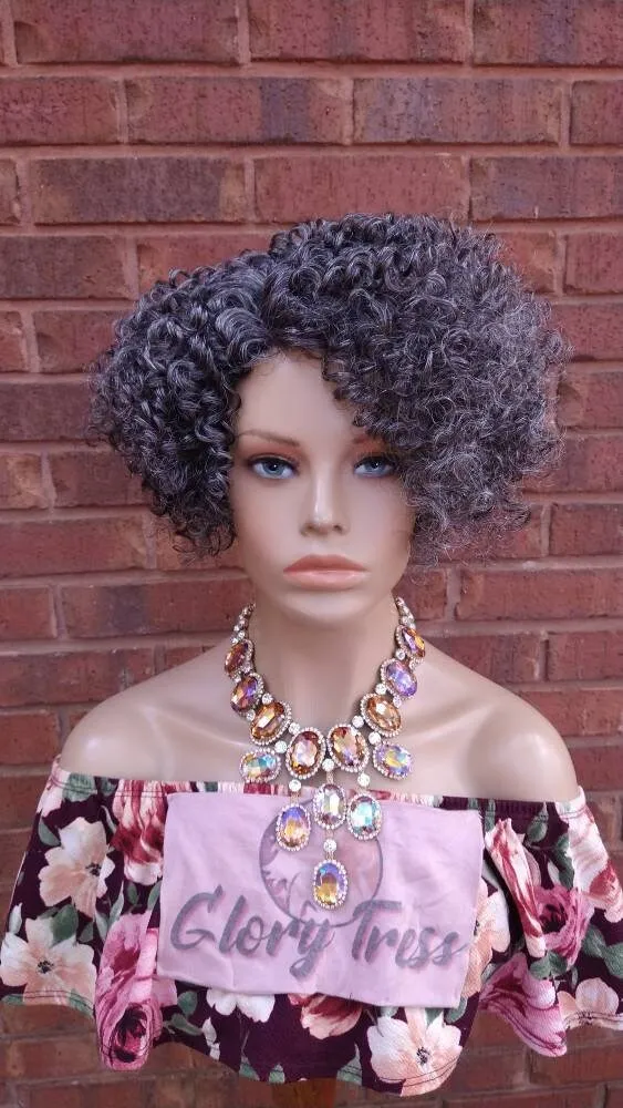 Kinky Curly Gray Wig Curly Full Wig With Bangs Ombre Silver Gray Wig  Afro Wig African American Wig Lace Part Glory Tress // STERLING QUEEN2
