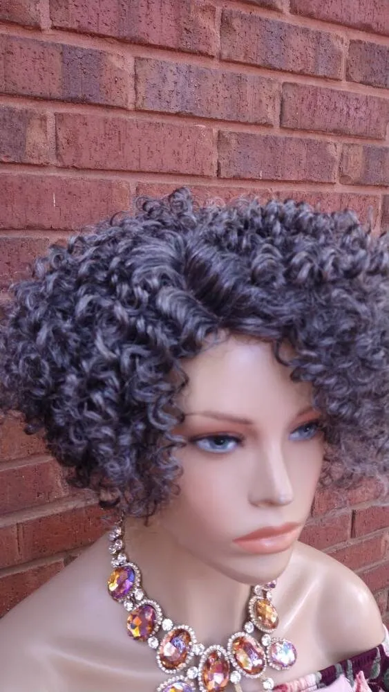 Kinky Curly Gray Wig Curly Full Wig With Bangs Ombre Silver Gray Wig  Afro Wig African American Wig Lace Part Glory Tress // STERLING QUEEN2