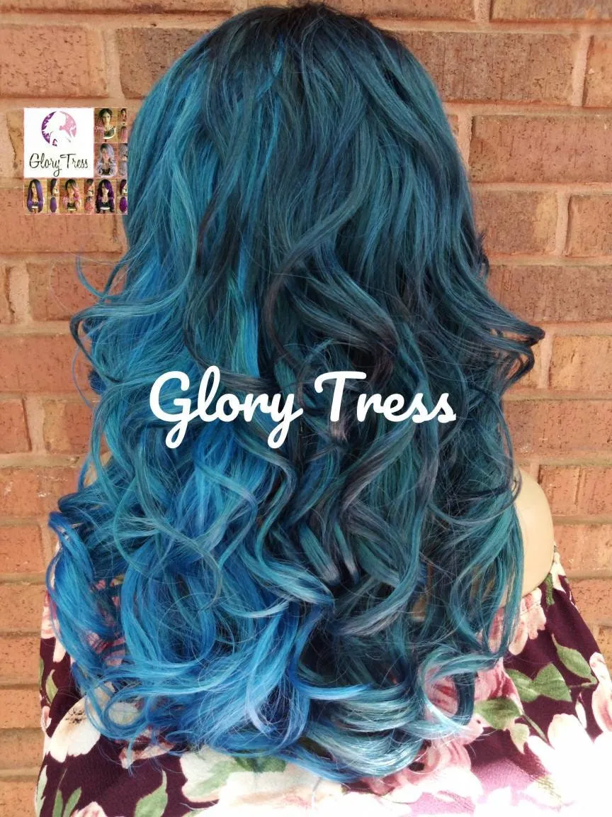 Lace Front Wig - Ombre Wig - Ombre Blue Wig - Curly Lace Front Wig - Blue Wig, Teal Wig - SALVATION