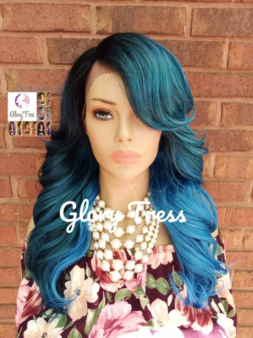 Lace Front Wig - Ombre Wig - Ombre Blue Wig - Curly Lace Front Wig - Blue Wig, Teal Wig - SALVATION
