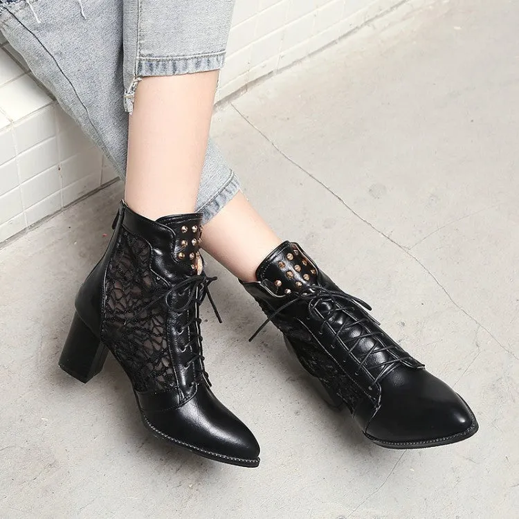 Lace Hollow-out Spliced Chunky Heel Lace-up Women's Ankle Boots