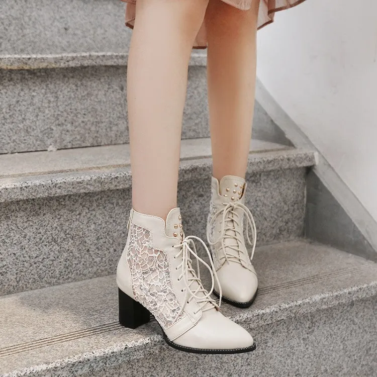 Lace Hollow-out Spliced Chunky Heel Lace-up Women's Ankle Boots