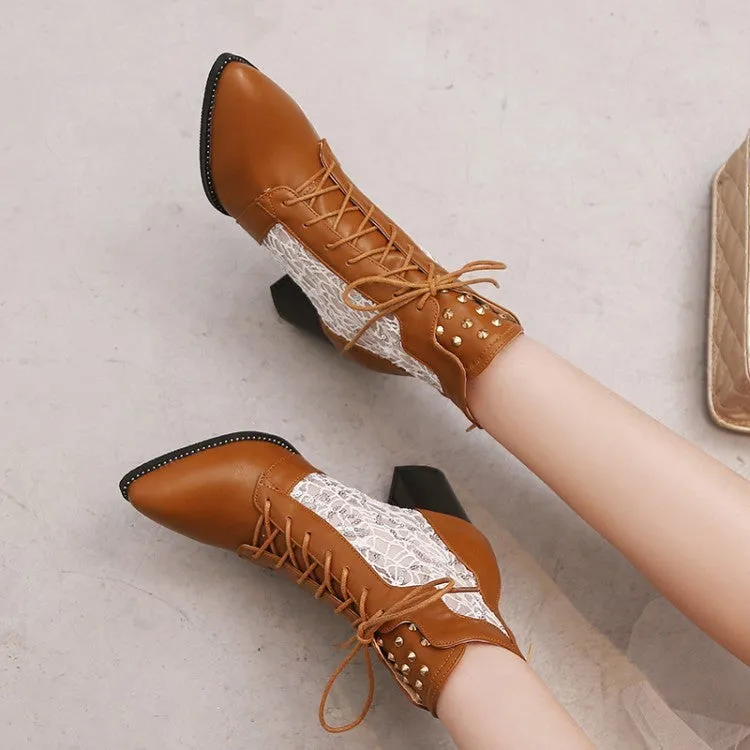 Lace Hollow-out Spliced Chunky Heel Lace-up Women's Ankle Boots