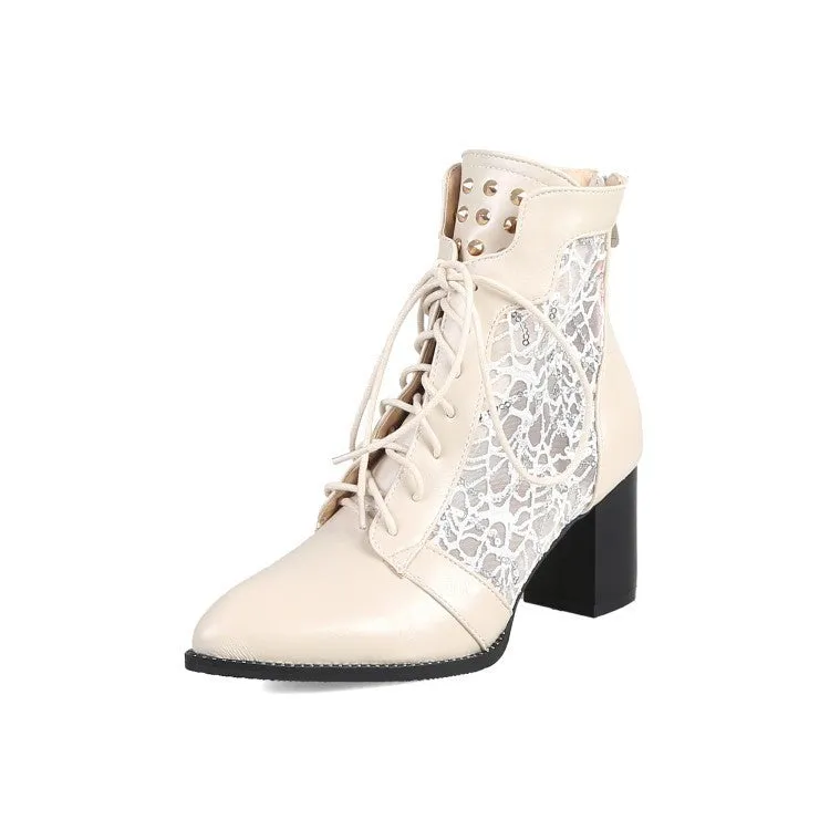 Lace Hollow-out Spliced Chunky Heel Lace-up Women's Ankle Boots