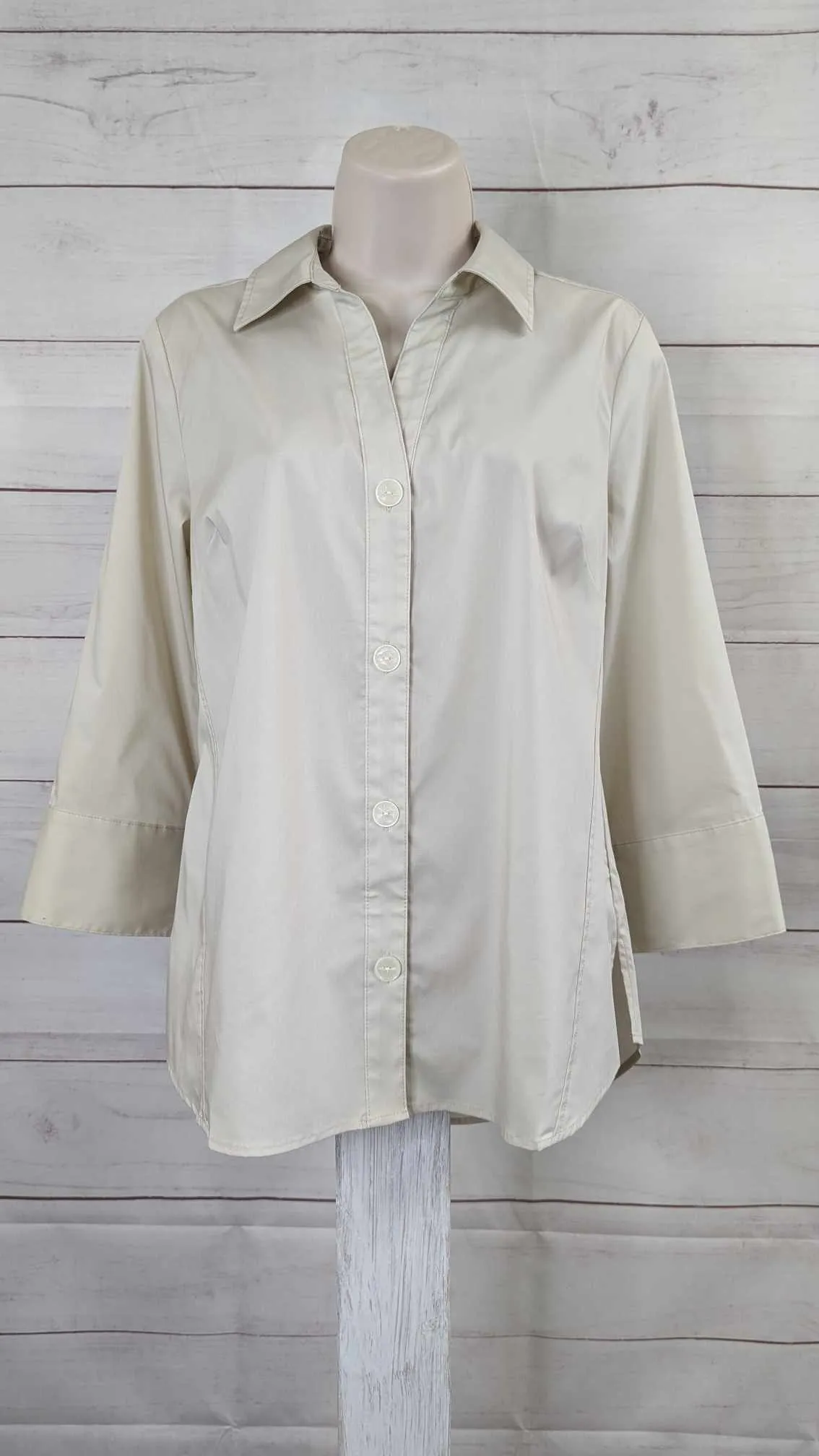 LARGE KHAKI A596282 Denim & Co. Coolmax Cotton Shirt