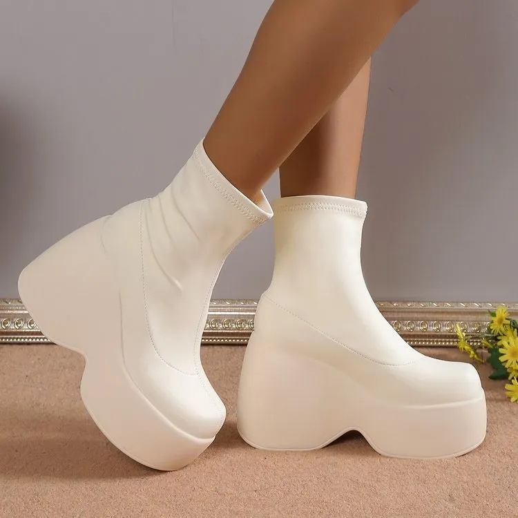 Leather Elastic Wedge Platform Boots