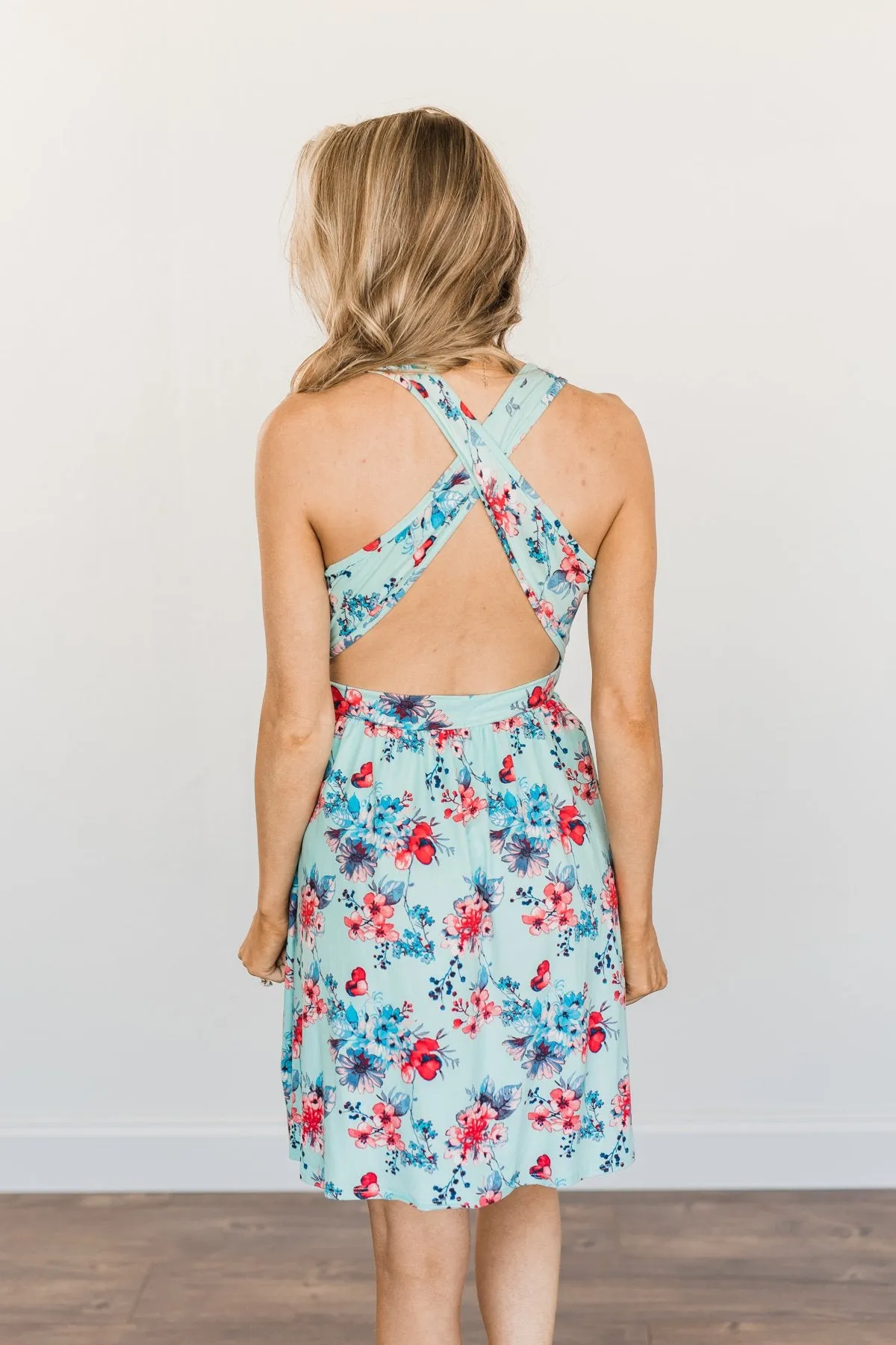 Live Loudly Criss-Cross Floral Dress- Sky Blue
