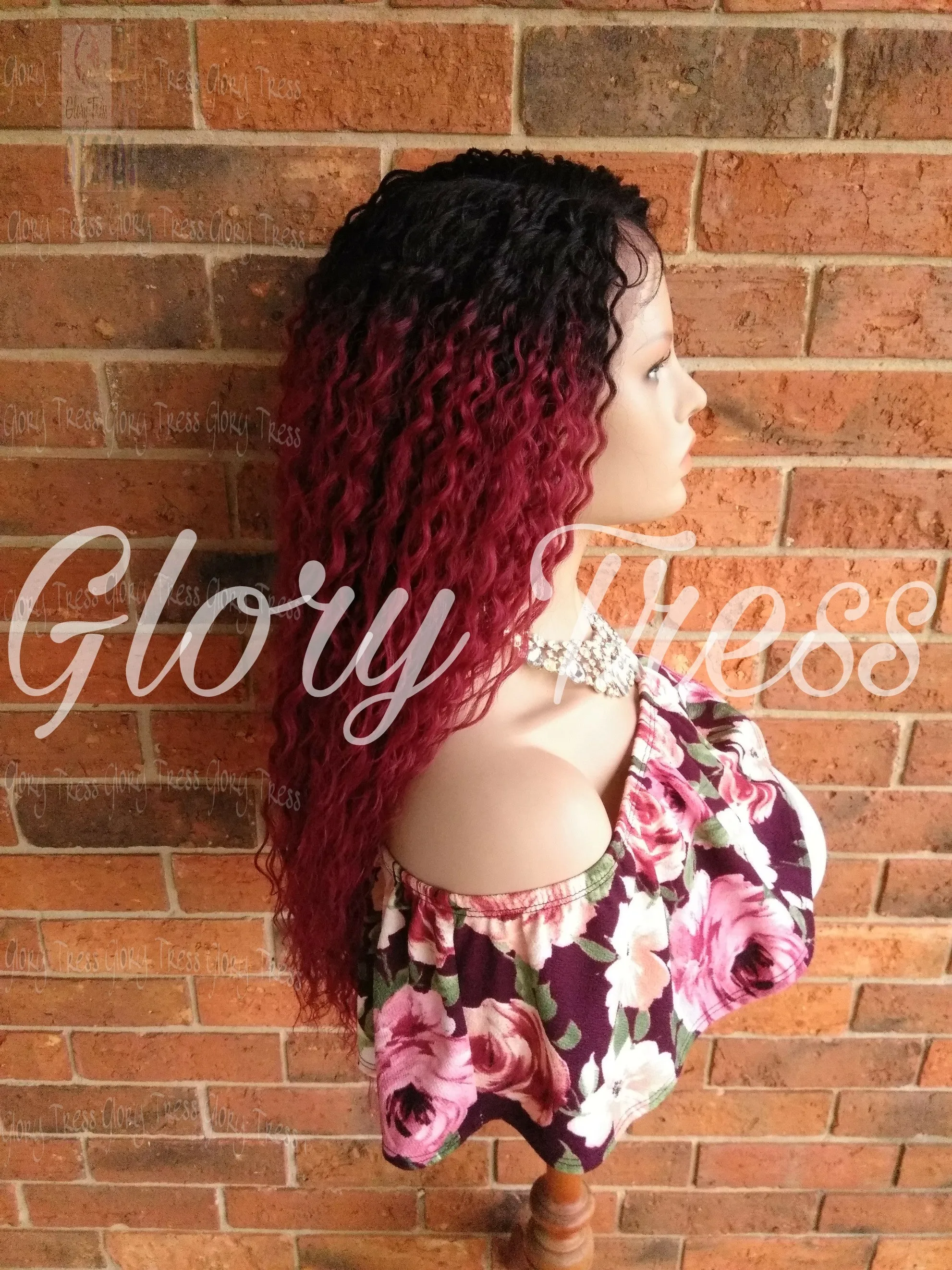 Long Deep Wavy Lace Front Wig, Ombre Burgundy Wig, Heat Safe, Soft Swiss Lace// WINE (Free Shipping)