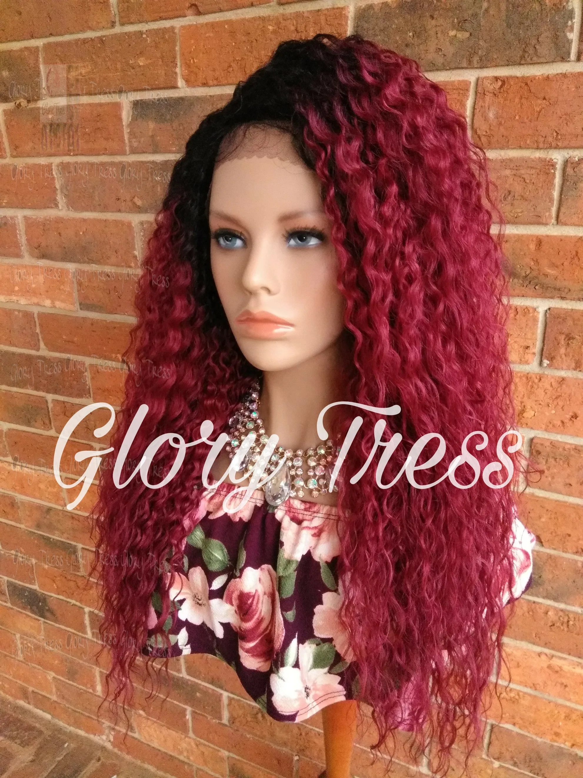 Long Deep Wavy Lace Front Wig, Ombre Burgundy Wig, Heat Safe, Soft Swiss Lace// WINE (Free Shipping)