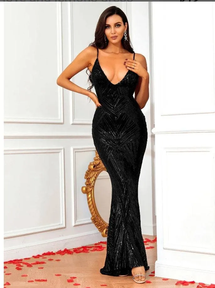 Mermaid Geometric Sequin Black Maxi Dress