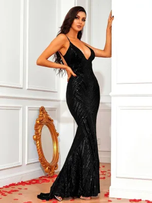 Mermaid Geometric Sequin Black Maxi Dress