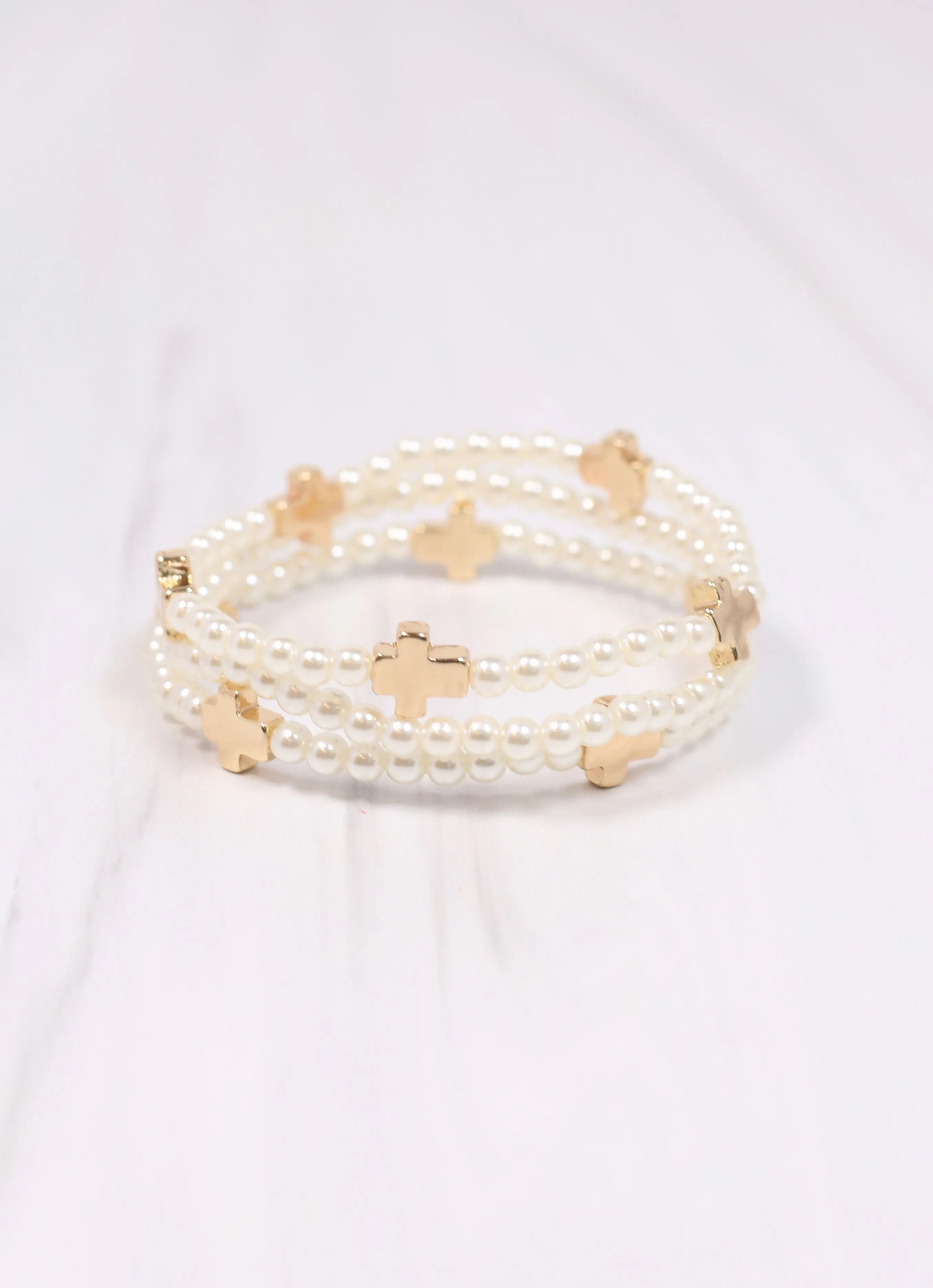 Meynell Cross Pearl Bracelet Set CREAM