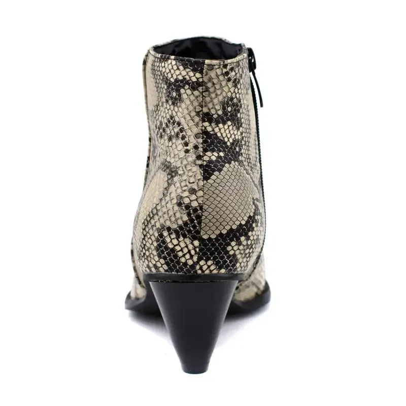 Mid-heel denim snake print ankle boots