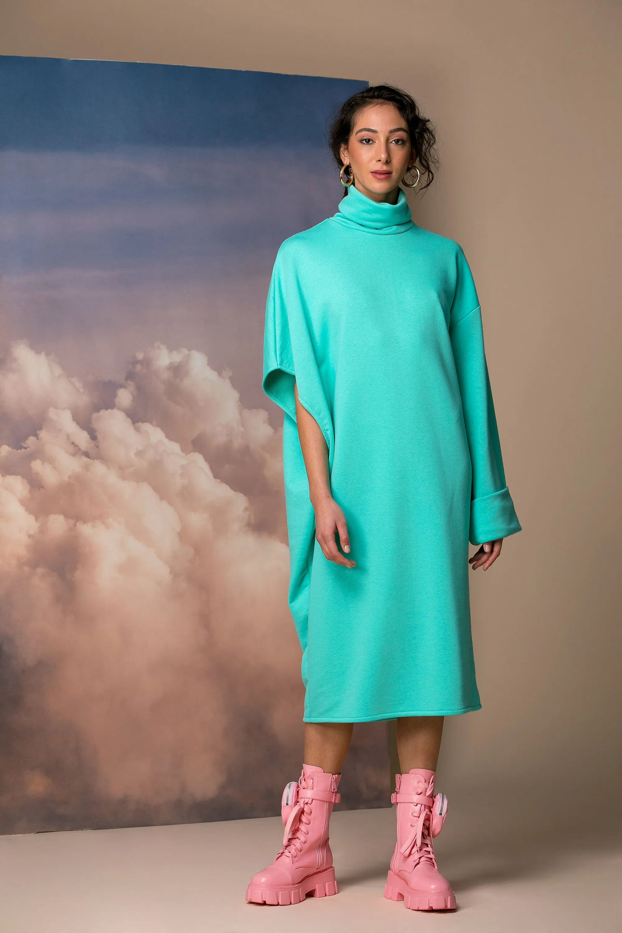 Mint Oversized Sweater Dress, Extravagant Dress, Oversized Dress, Spring Dress, Plus Size Clothing, Turtleneck Dress, Avant Garde Dress